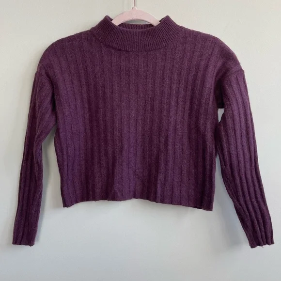 Madewell Wool Blend Mock Neck Cropped Sweater Plum Purple Ribbed - Picture 4 of 11